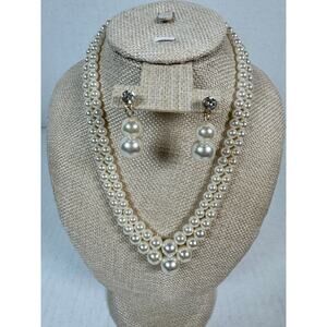 Faux Pearl Necklace & Matching Drop Earrings Set Gold Tone Bridal
